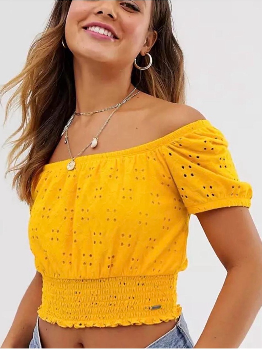 Hollister Yellow Eyelet Smocked Crop Top Women’s Size XS
